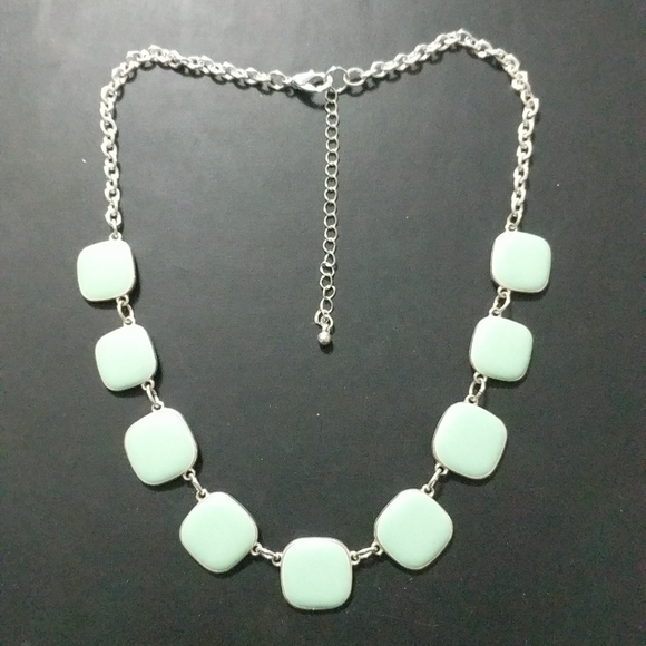Silver Tone Mint Green Enamel Square Statement Necklace - Picture 1 of 2